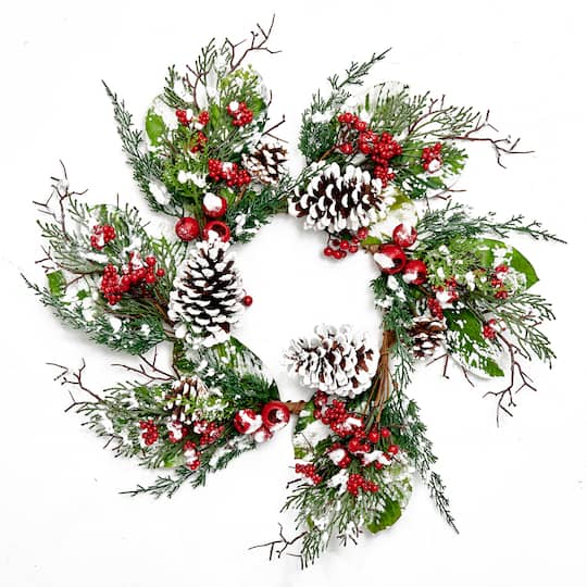 Worth Imports 24" Christmas Snowy Wreath w/ Berries Pod & Pine Cones